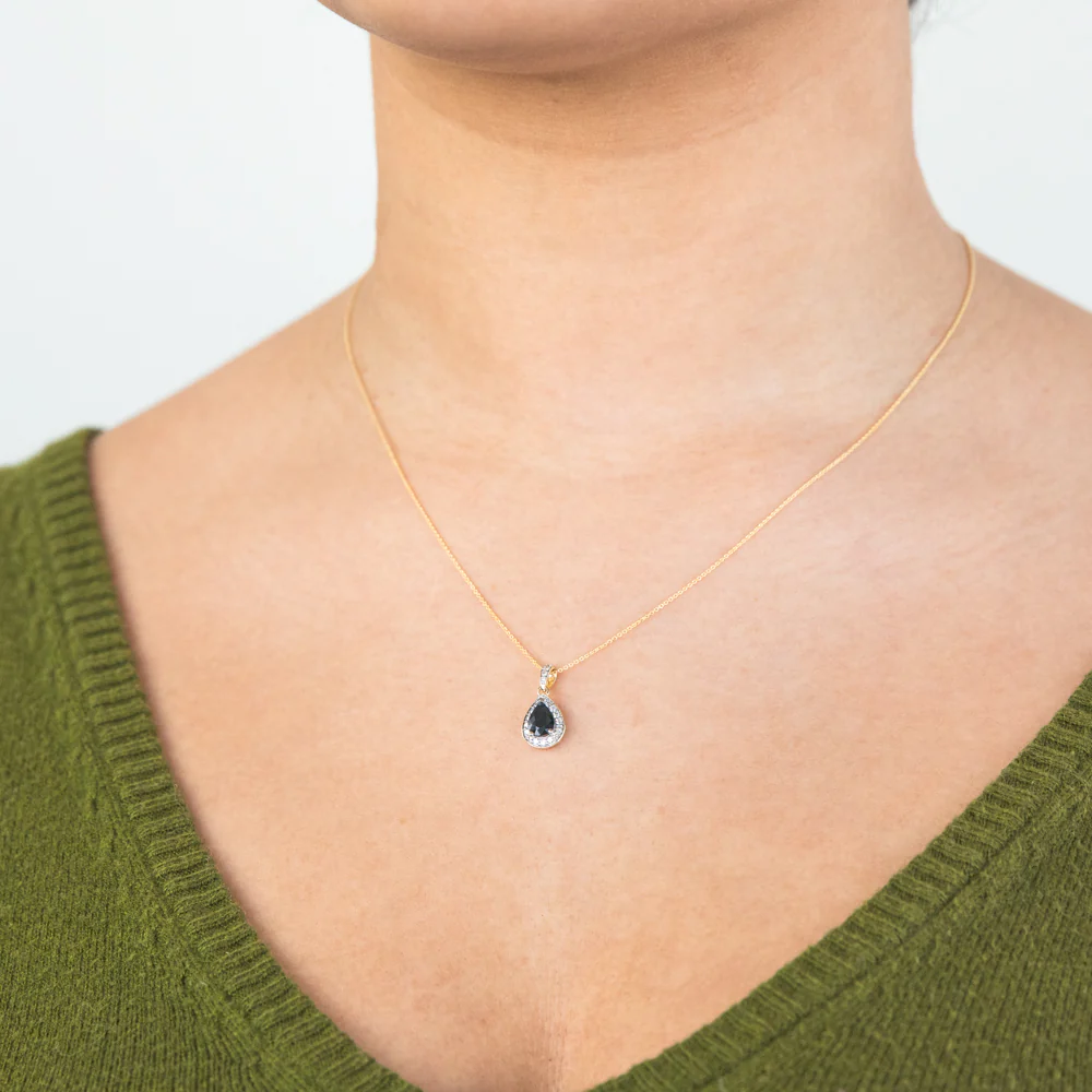 9ct Yellow Gold 1ct Natural Sapphire Pear Halo Pendant with 0.15 Carat Diamond on 45cm Chain - Image 2