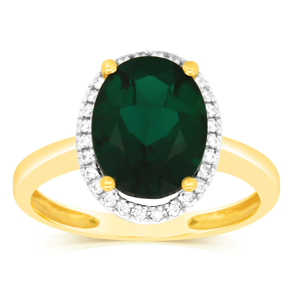 9ct Yellow Gold 2.9 Carat Created Emerald 28Cubic Zirconia Ring - Image 2