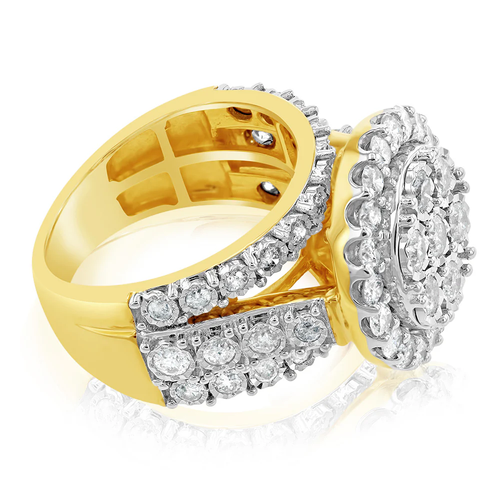 9ct Yellow Gold 2 Carat Diamond Cluster Round Dress Ring - Image 2