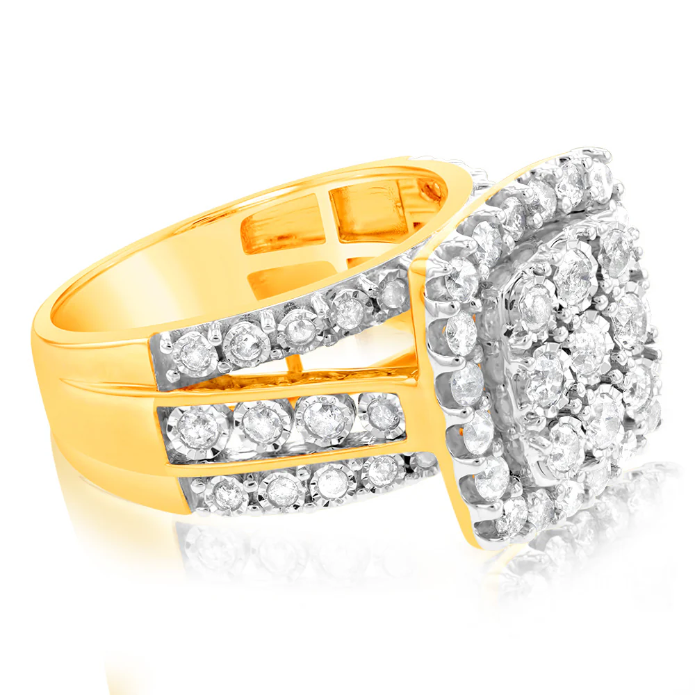 9ct Yellow Gold 2 Carat Diamond Cluster Square Dress Ring - Image 2