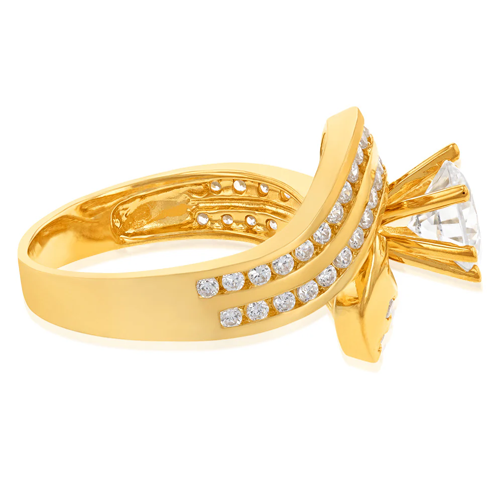 9ct Yellow Gold 2 Row Cubic Zirconia Twist Solitaire Ring - Image 2