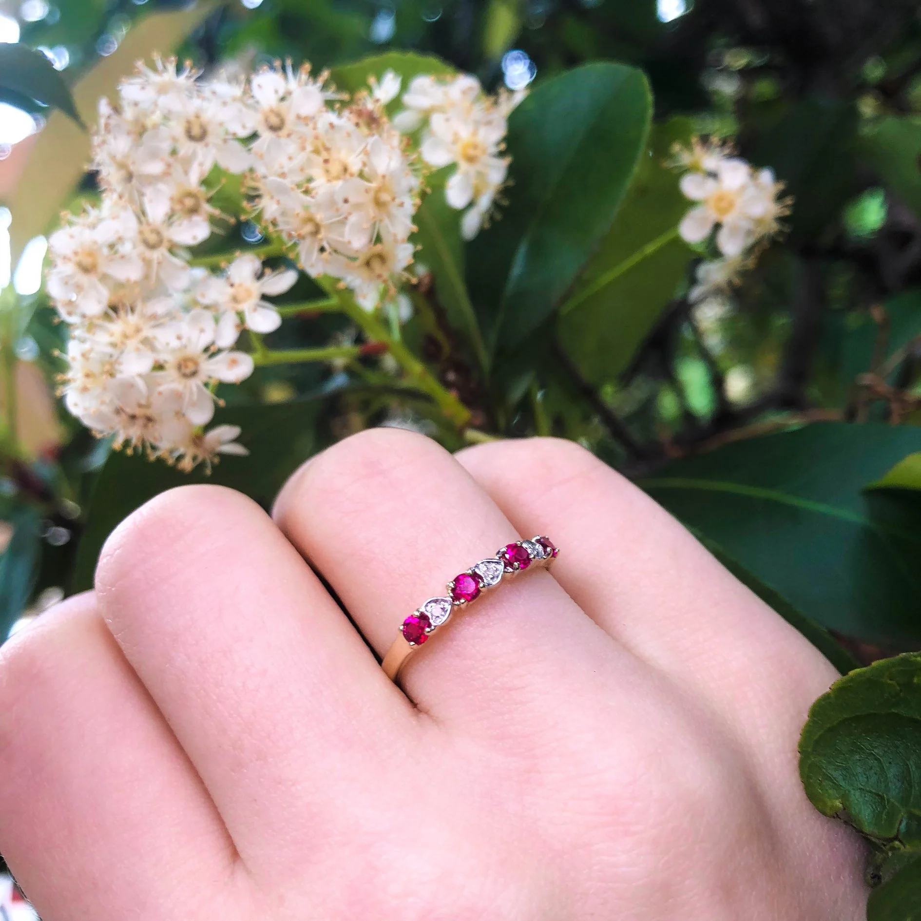 9ct Yellow Gold 4 Created Ruby + 3 Diamond Ring - Image 3