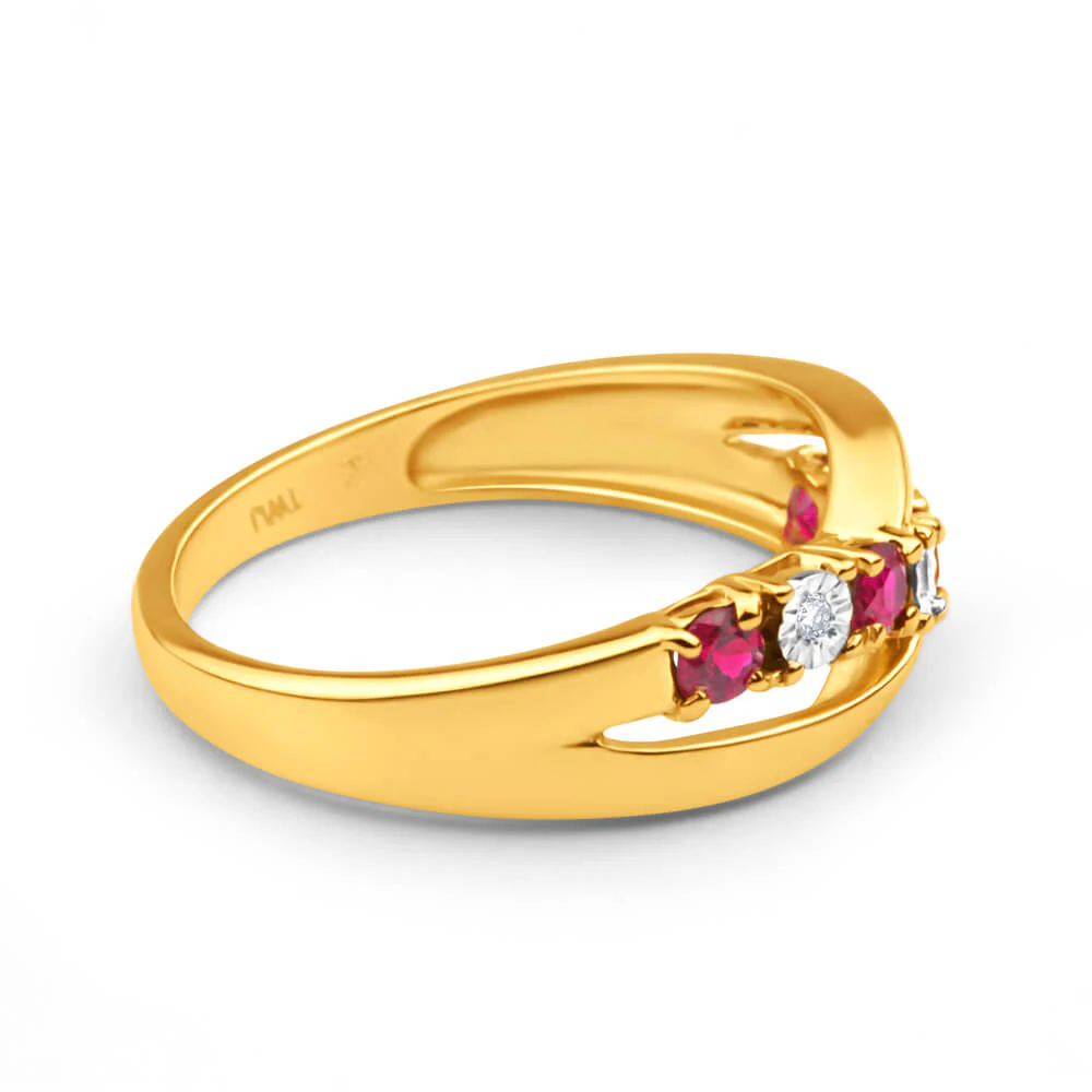 9ct Yellow Gold 4 Created Ruby and 3 Diamond Ring - Image 2