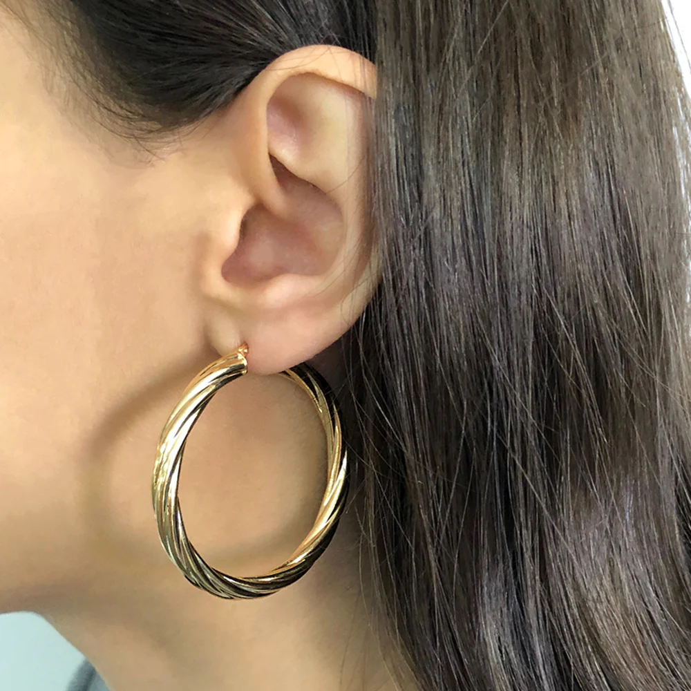 9ct Yellow Gold 40mm Twisted Striped Hoop Earrings 9Y - Image 2