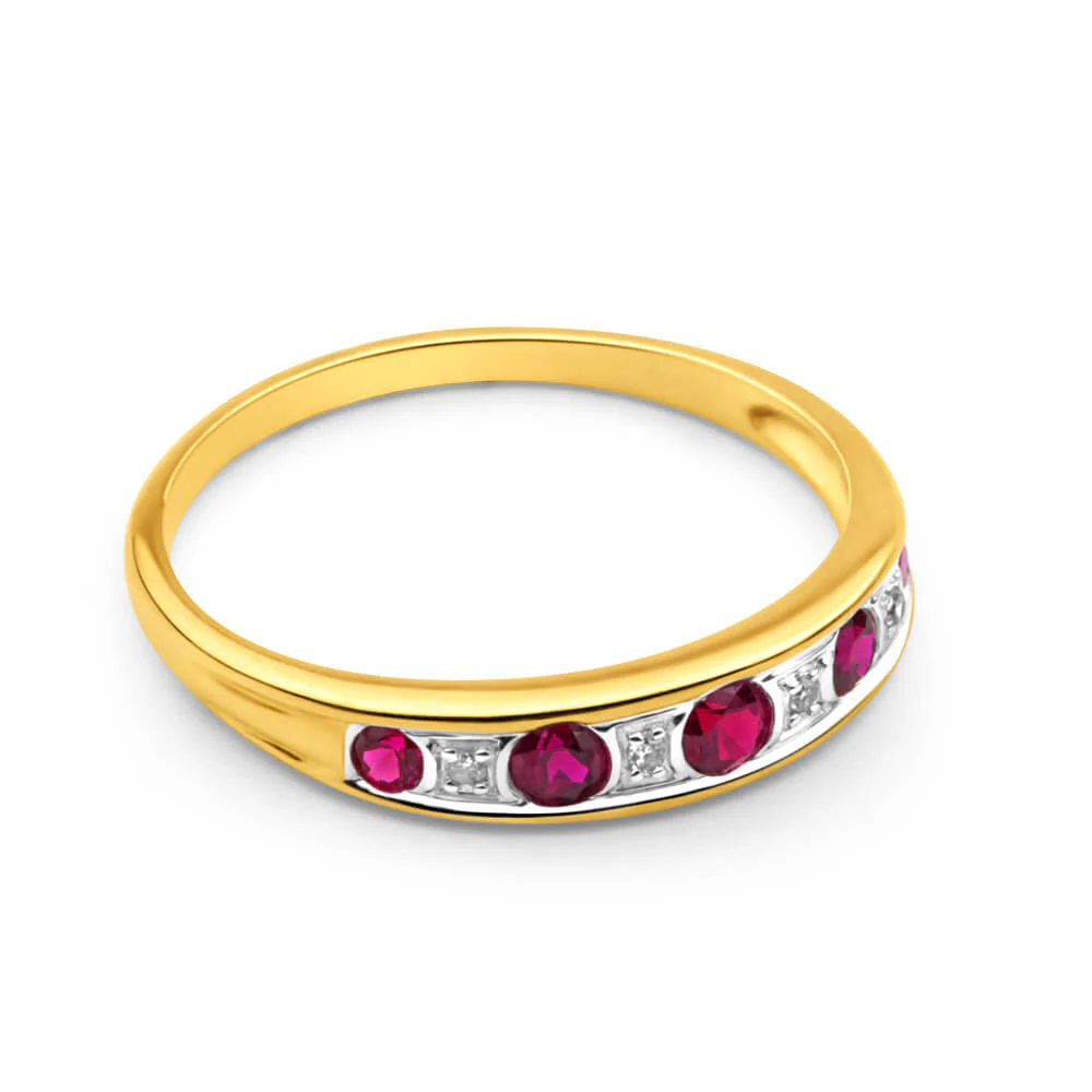 9ct Yellow Gold 5 Created Ruby and Diamond Graduated Ring - Image 2