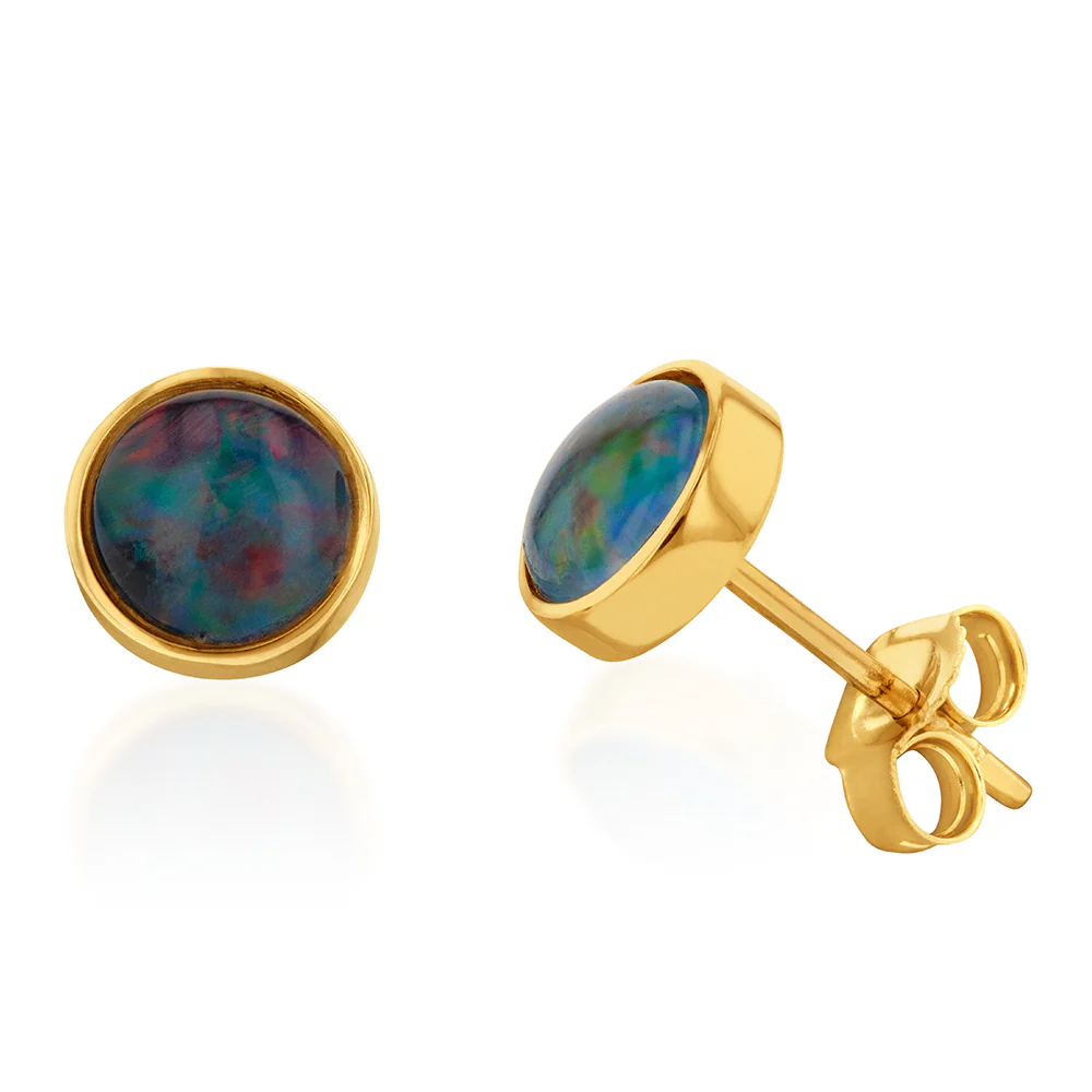 9ct Yellow Gold 6mm Triplet Opal Bezel Studs - Image 2