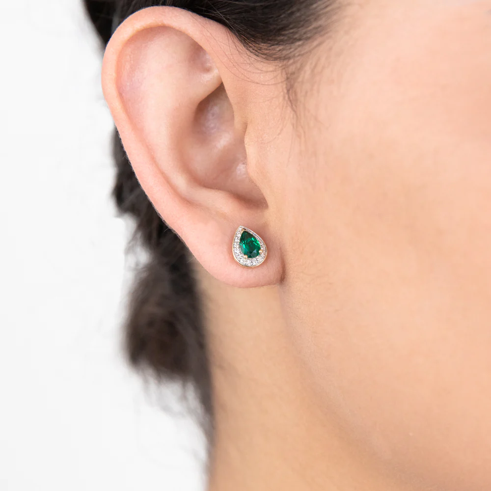 9ct Yellow Gold 6x4mm Created Emerald and Diamond Pear Halo Stud Earrings - Image 2