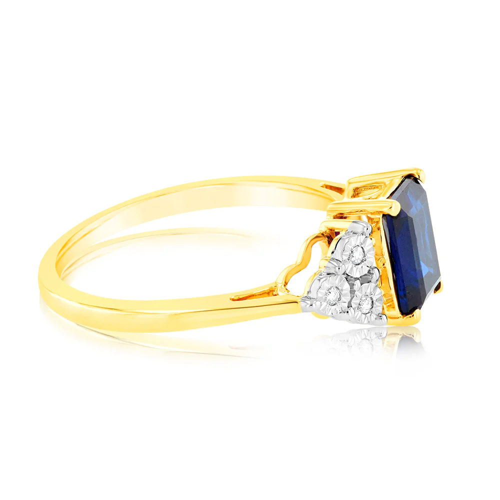 9ct Yellow Gold 7mm Created Sapphire And Diamond Ring - Image 2