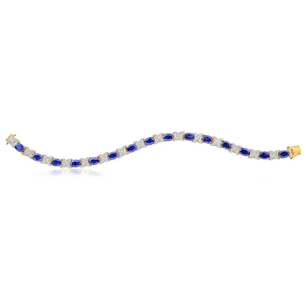 9ct Yellow Gold 7x5mm Oval Cut Created Sapphire and Diamond 19cm Crossover Bracelet - Image 2