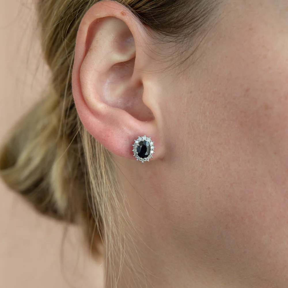 9ct Yellow Gold 7x5mm Oval Cut Natural Sapphire and 0.42 Carat Diamond Stud Earrings - Image 2