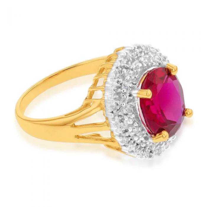 9ct Yellow Gold 8x10mm Created Ruby + Diamond Halo Ring - Image 2