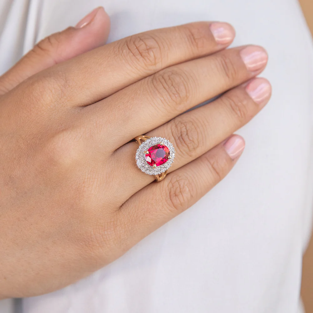 9ct Yellow Gold 8x10mm Created Ruby + Diamond Halo Ring - Image 3