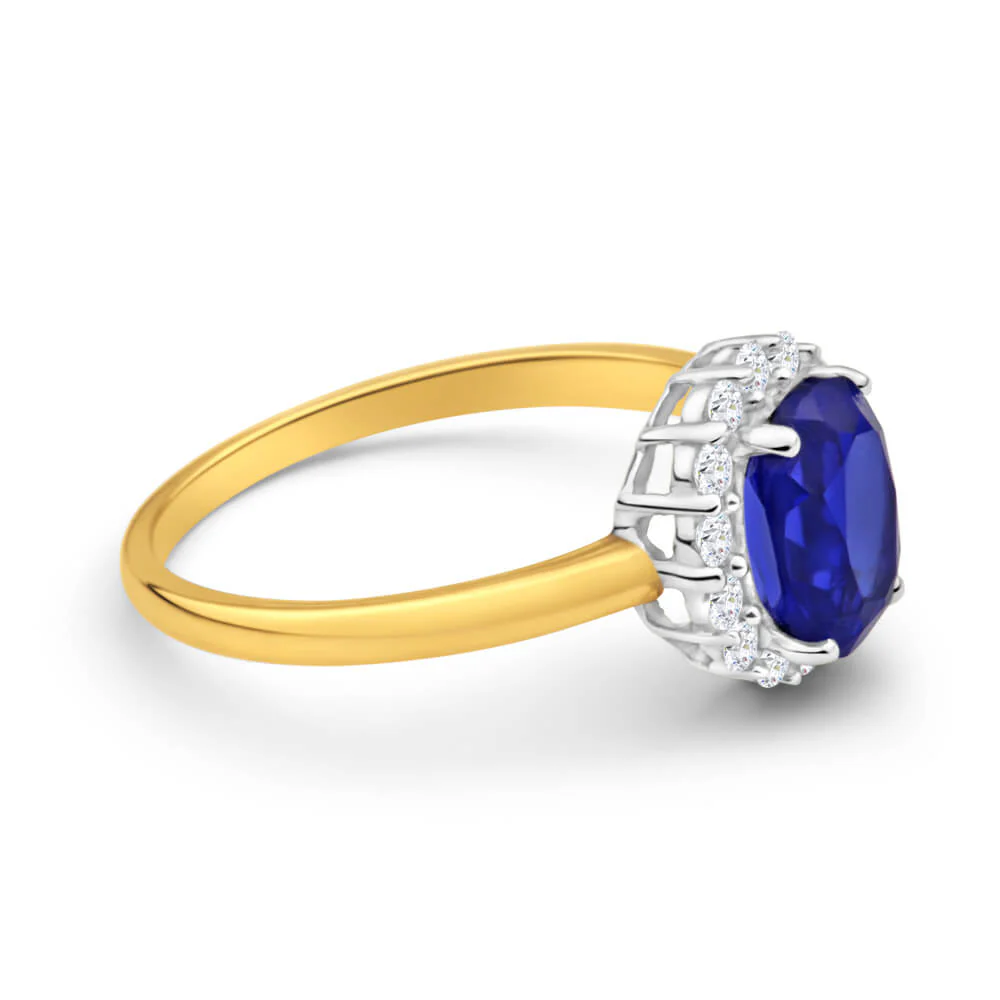 9ct Yellow Gold 8x6mm Oval Created Sapphire and Cubic Zirconia Halo Ring - Image 2