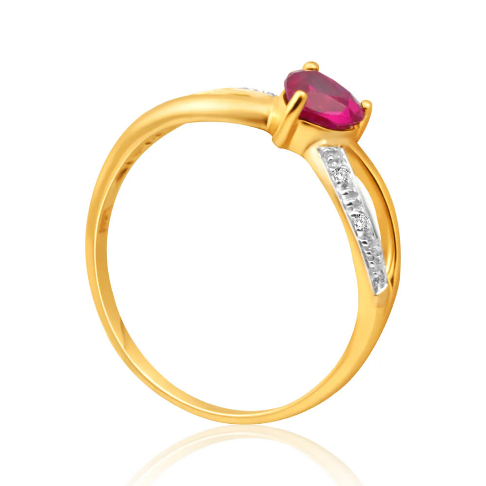 9ct Yellow Gold Alluring Heart Created Ruby + Diamond Ring - Image 2