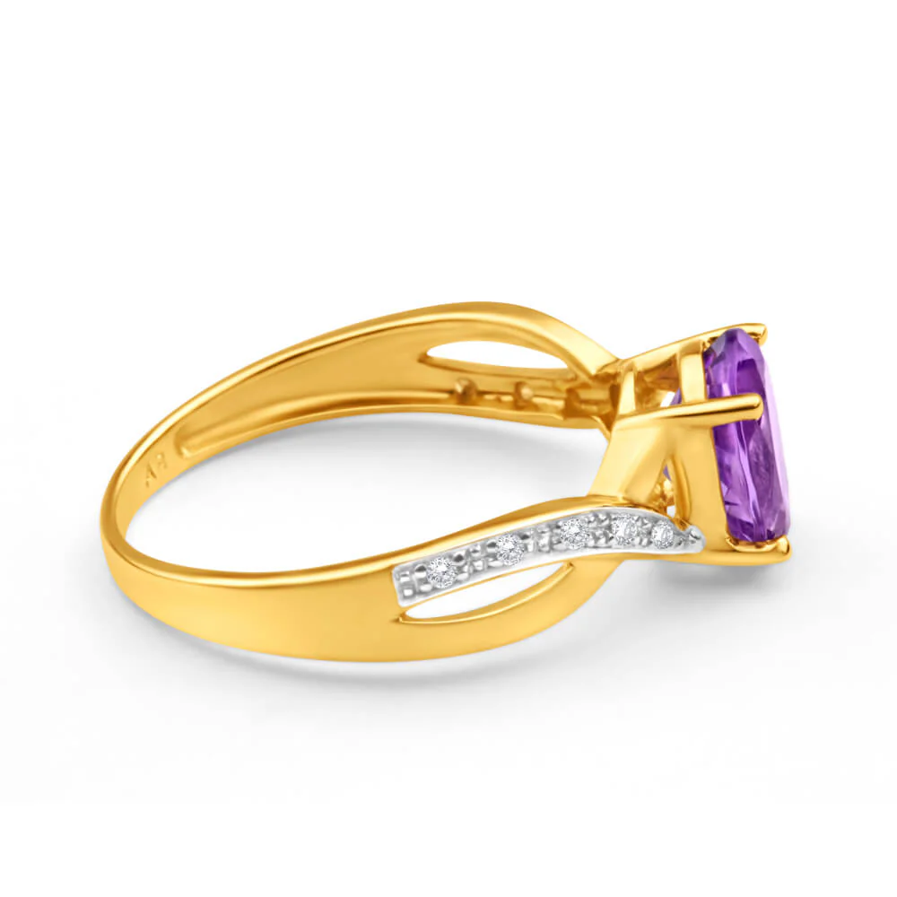 9ct Yellow Gold Amethyst + Diamond Cross Over Ring - Image 2