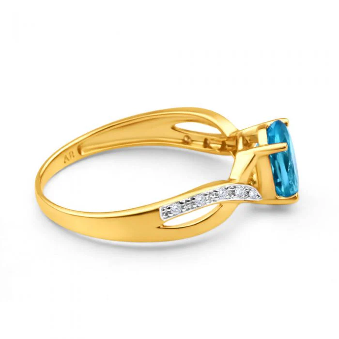 9ct Yellow Gold Blue Topaz and Diamond Cross Over Ring - Image 2