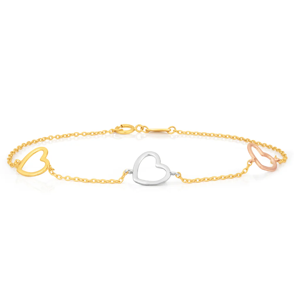 9ct Yellow Gold Bracelet 19cm with 3 Heart Charms - Image 2