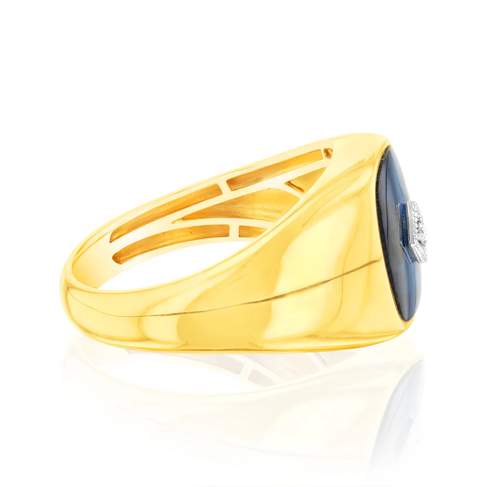 9ct Yellow Gold Created Blue Spinel & Diamond Gents Ring - Image 2