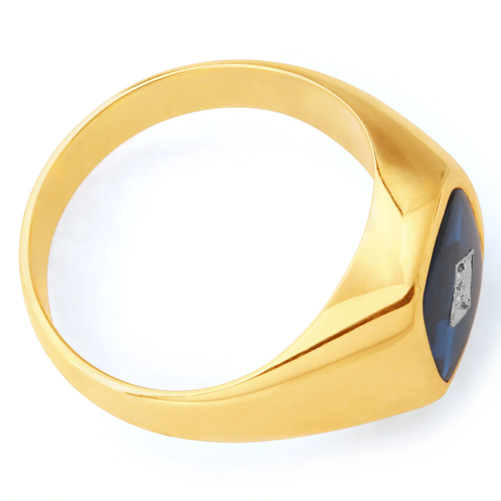 9ct Yellow Gold Created Blue Spinel & Diamond Gents Ring  (No Resize) - Image 2