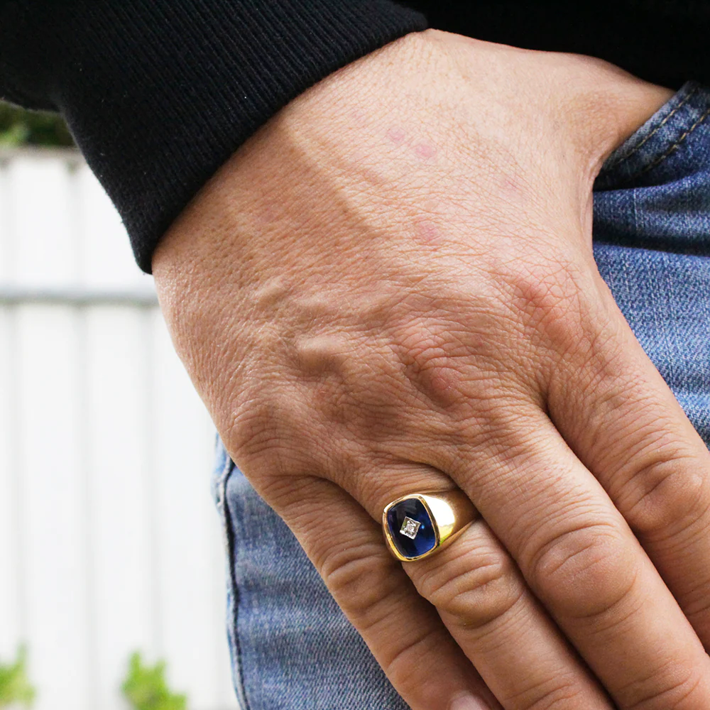 9ct Yellow Gold Created Blue Spinel & Diamond Gents Ring  (No Resize) - Image 3