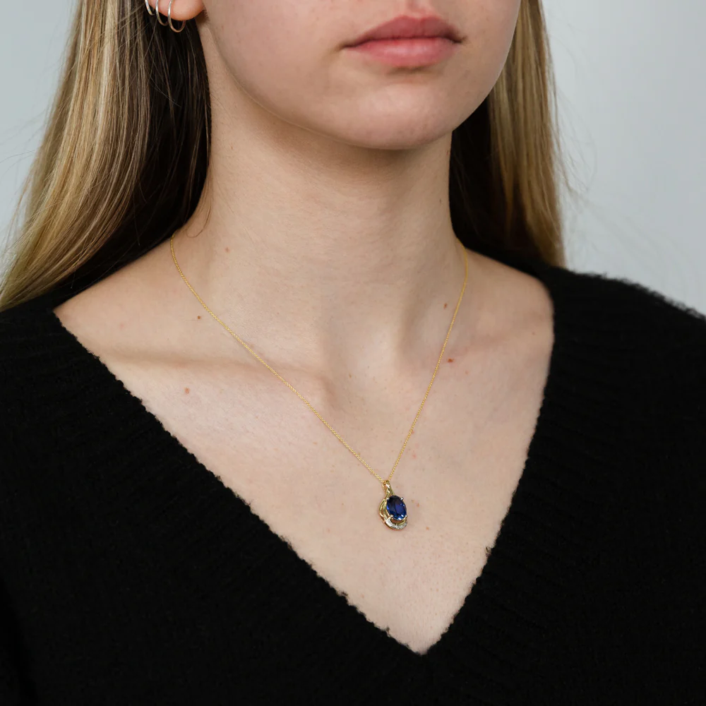 9ct Yellow Gold Created Ceylon Sapphire and Diamond Pendant on 45cm Chain - Image 2