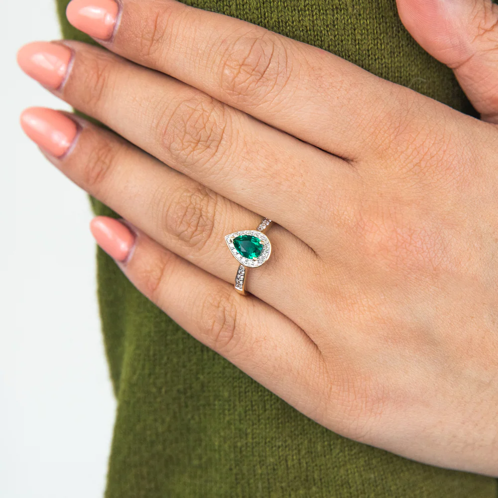 9ct Yellow Gold Created Emerald and 1/5 Carat Diamond Pear Halo Ring - Image 2