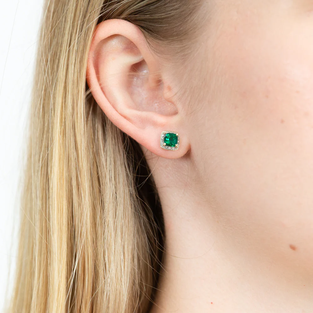 9ct Yellow Gold Created Emerald and Diamond Cushion Cut Studs - Image 2