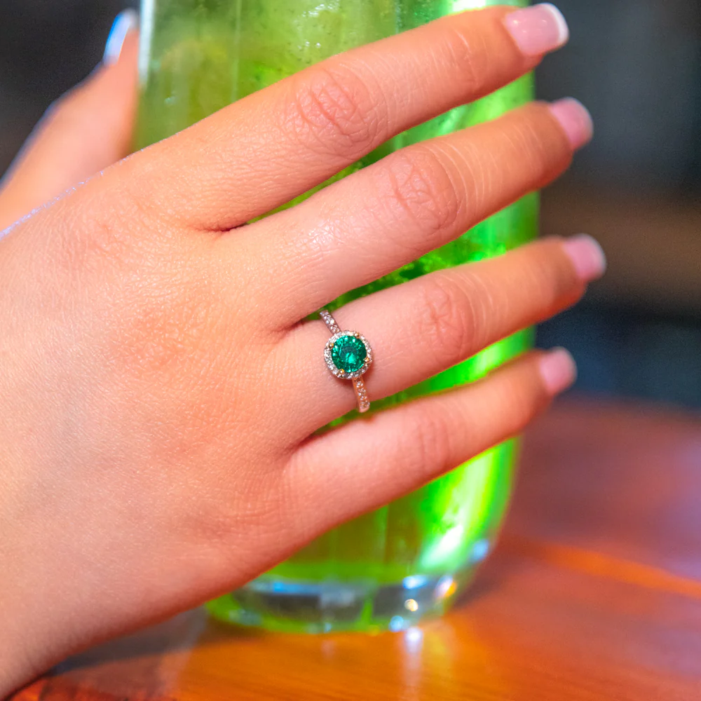 9ct Yellow Gold Created Emerald and Diamond Halo Ring - Image 2