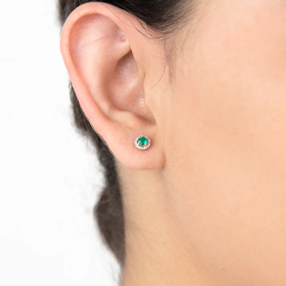 9ct Yellow Gold Created Emerald and Diamond Halo Studs Earrings - Image 2