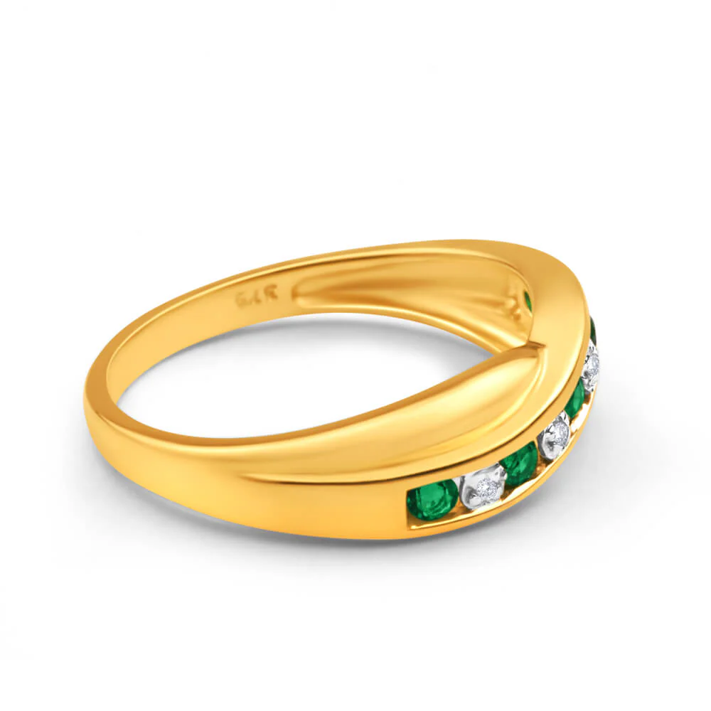 9ct Yellow Gold Created Emerald + Diamond Cross Over Ring - Image 2