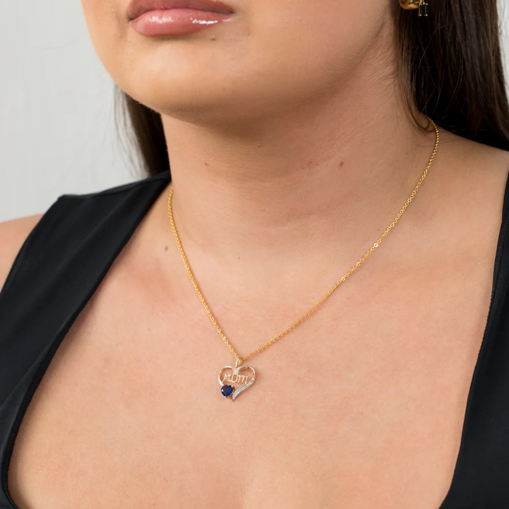9ct Yellow Gold Created Heart Sapphire And Diamond Mum Heart Pendant - Image 2