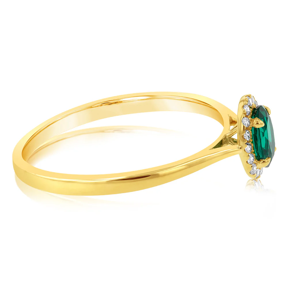 9ct Yellow Gold Created Oval Emerald And Diamond Halo Ring - Image 2