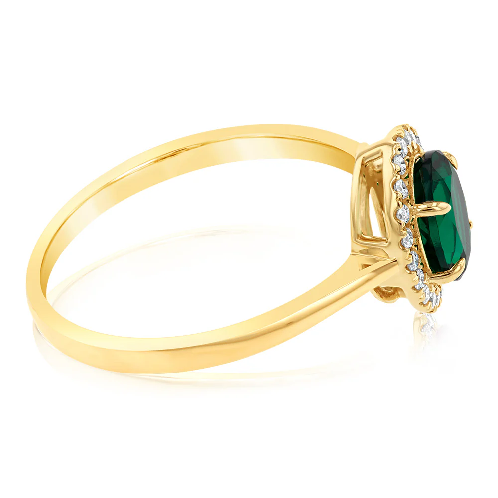 9ct Yellow Gold Created Oval Emerald And Diamond Halo Ring - Image 2