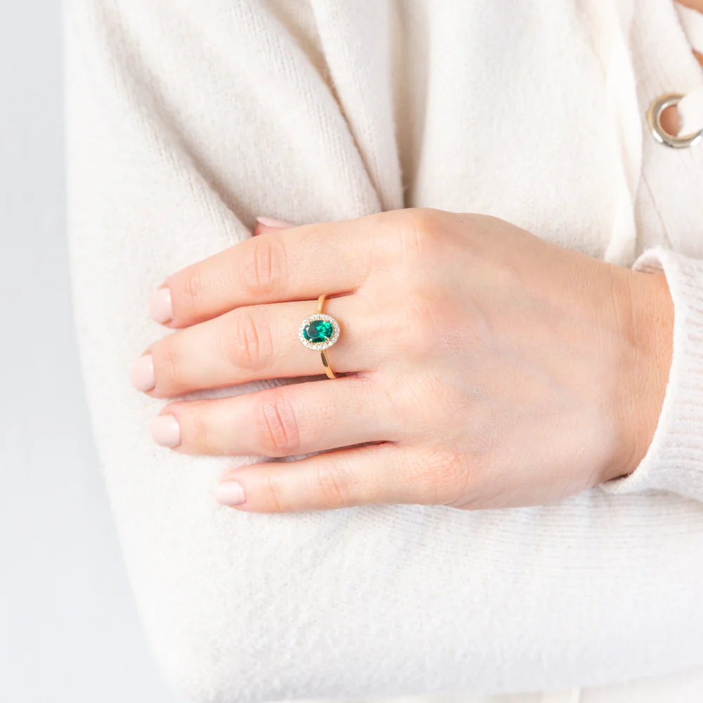 9ct Yellow Gold Created Oval Emerald And Diamond Halo Ring - Image 3