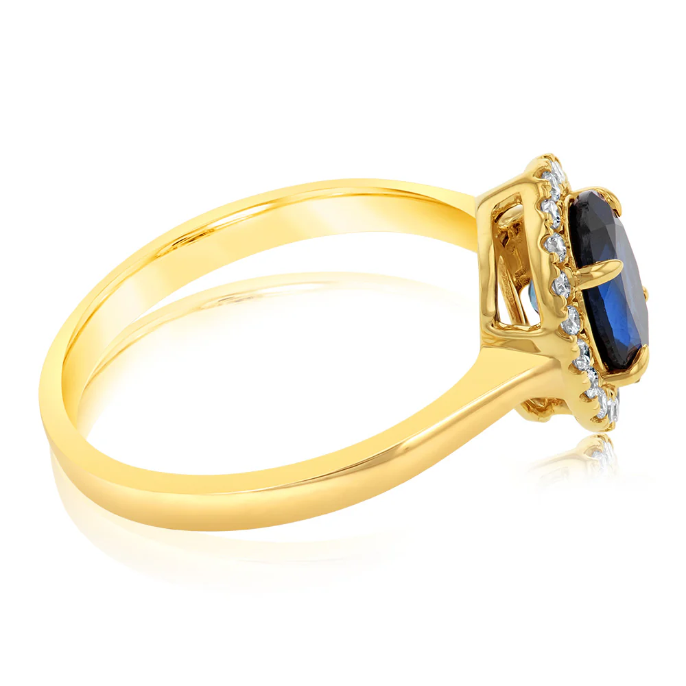 9ct Yellow Gold Created Oval Sapphire & Diamond Halo Ring - Image 2