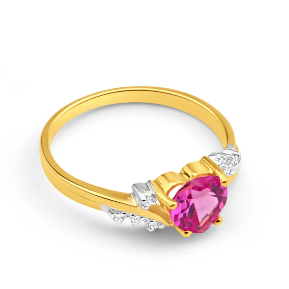 9ct Yellow Gold Created Pink Sapphire Heart and  Diamond Ring - Image 2