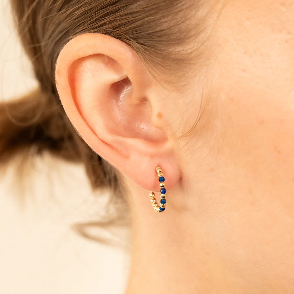 9ct Yellow Gold Created Round Blue Spinel 3/4th Open Hoop Earrings - Image 2