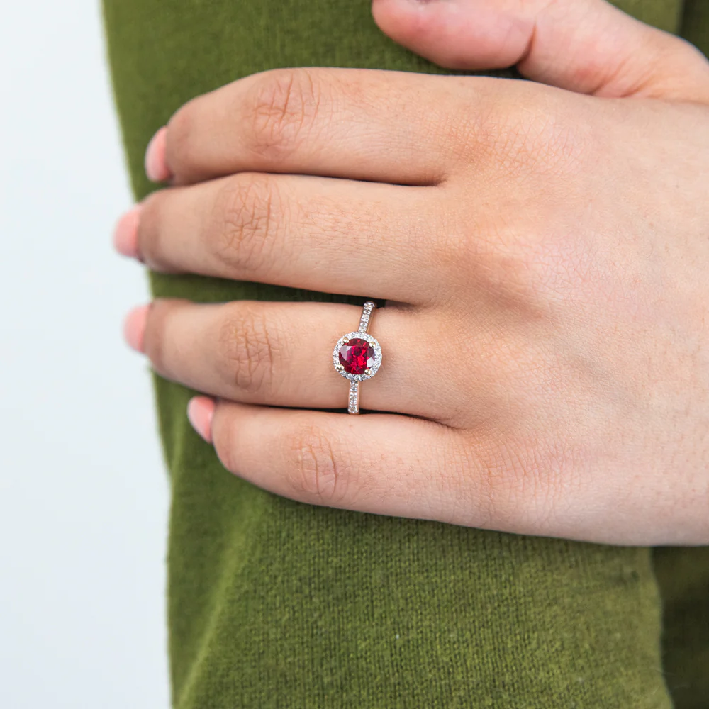 9ct Yellow Gold Created Ruby 1/10 Carat Diamond Halo Ring - Image 2