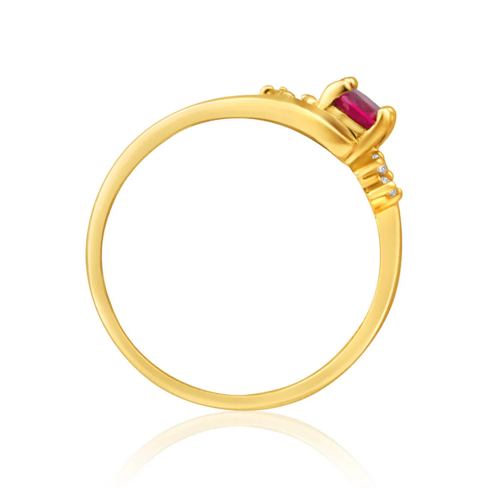 9ct Yellow Gold Created Ruby + 4 Cubic Zirconia Ring - Image 2