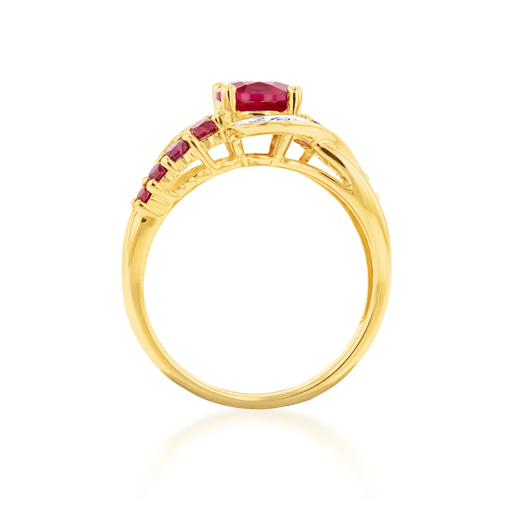 9ct Yellow Gold Created Ruby and 0.15 Carat Diamond Ring - Image 2