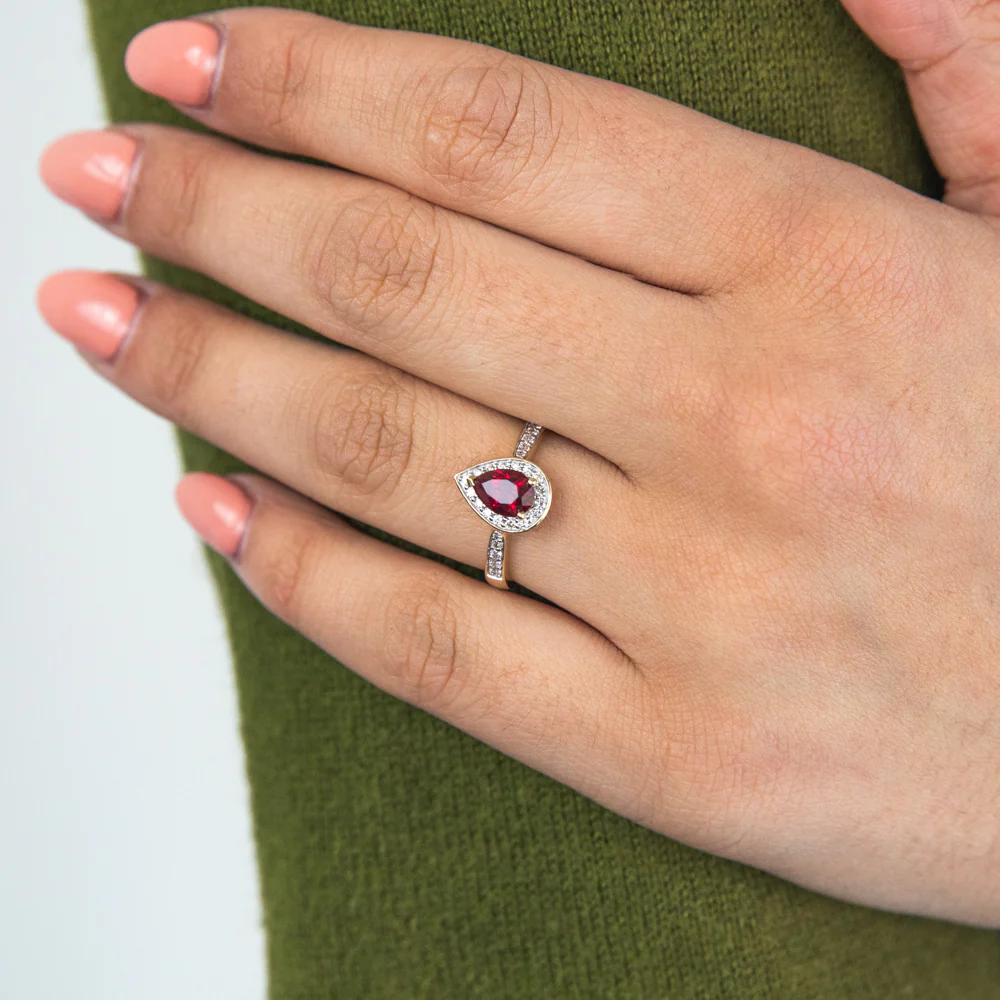 9ct Yellow Gold Created Ruby and 1/5 Carat Diamond Pear Halo Ring - Image 2