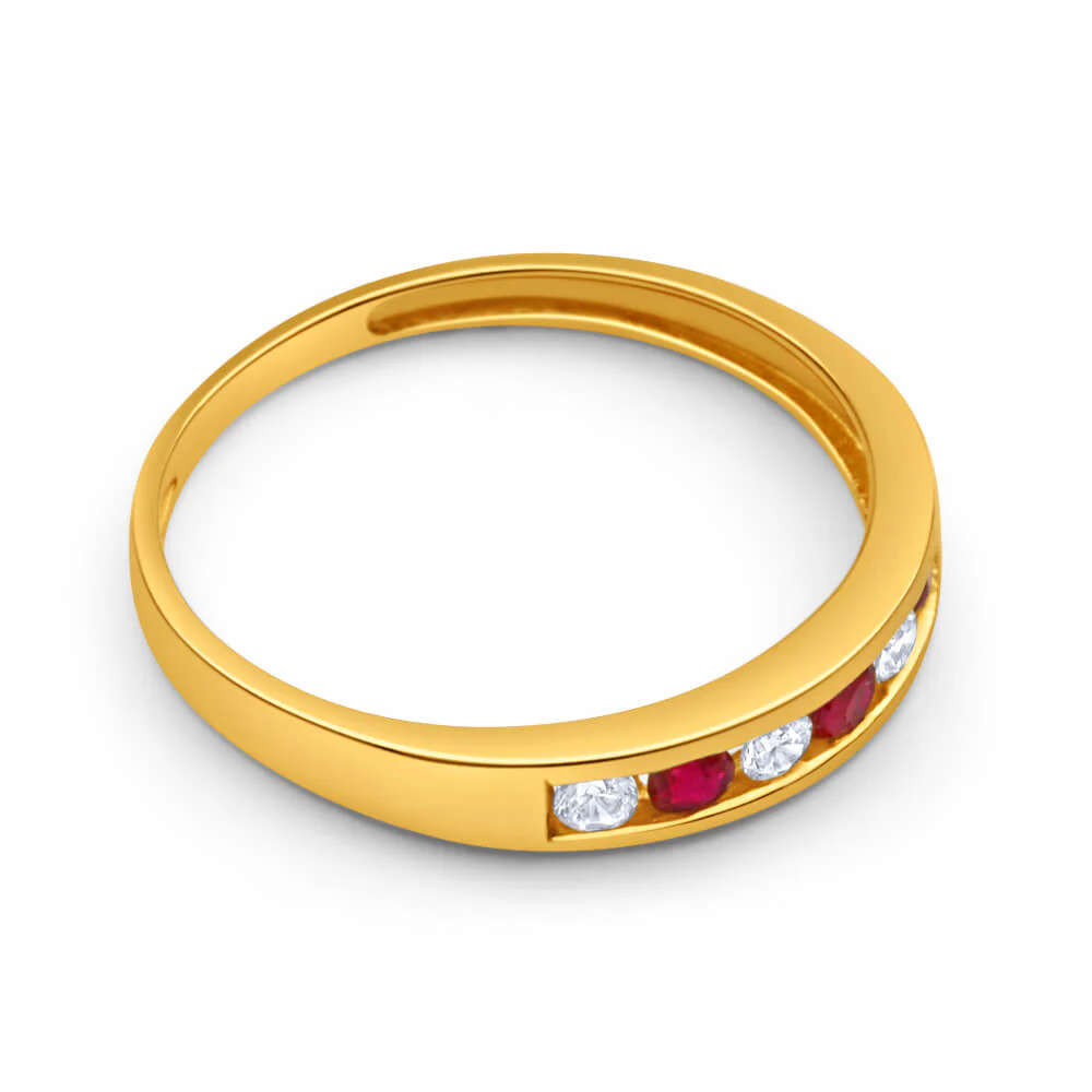 9ct Yellow Gold Created Ruby and Cubic Zirconia Channel Set Ring - Image 2