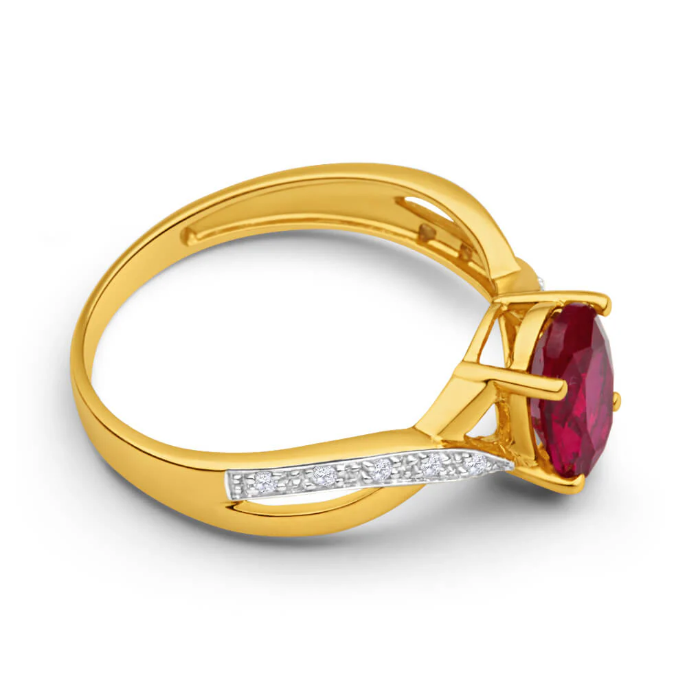 9ct Yellow Gold Created Ruby and Diamond Cross Over Ring - Image 2