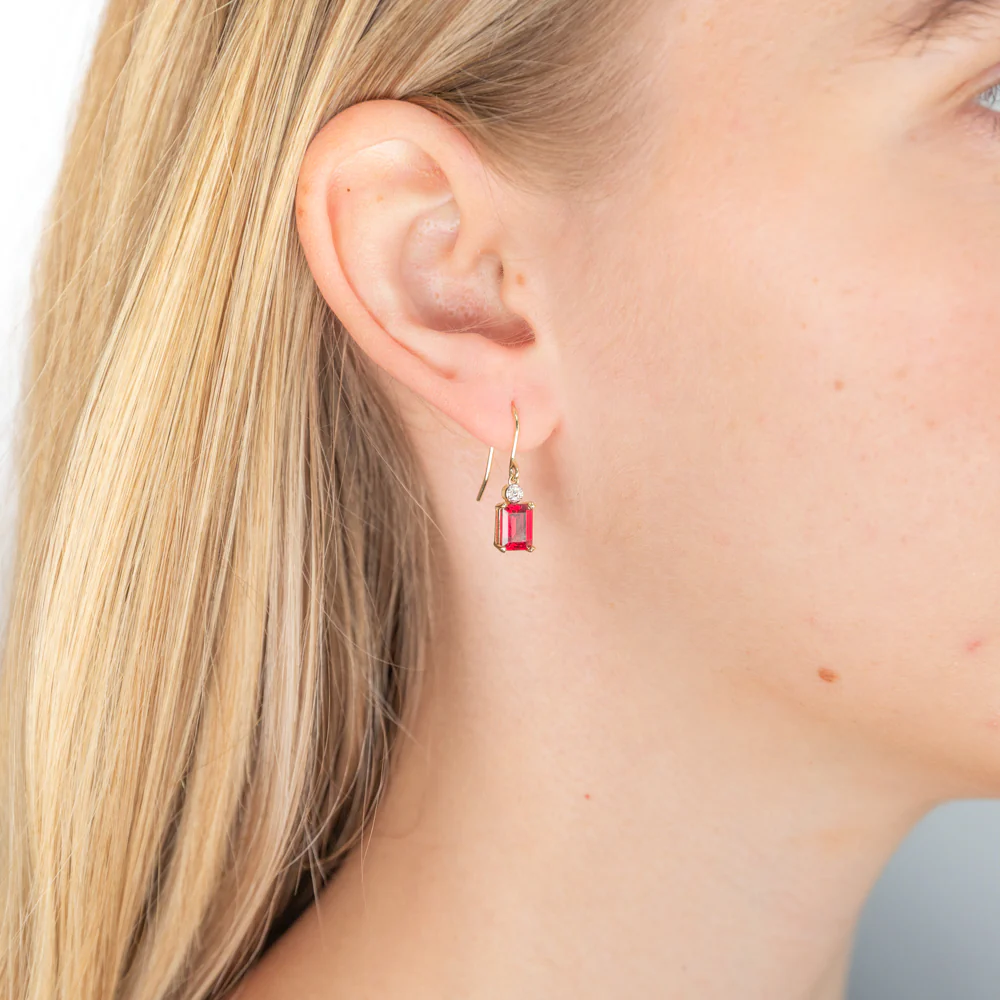 9ct Yellow Gold Created Ruby and Diamond Drop Earrings - Image 2