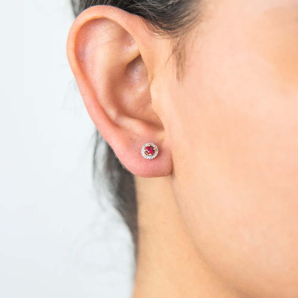 9ct Yellow Gold Created Ruby and Diamond Halo Stud Earrings - Image 2