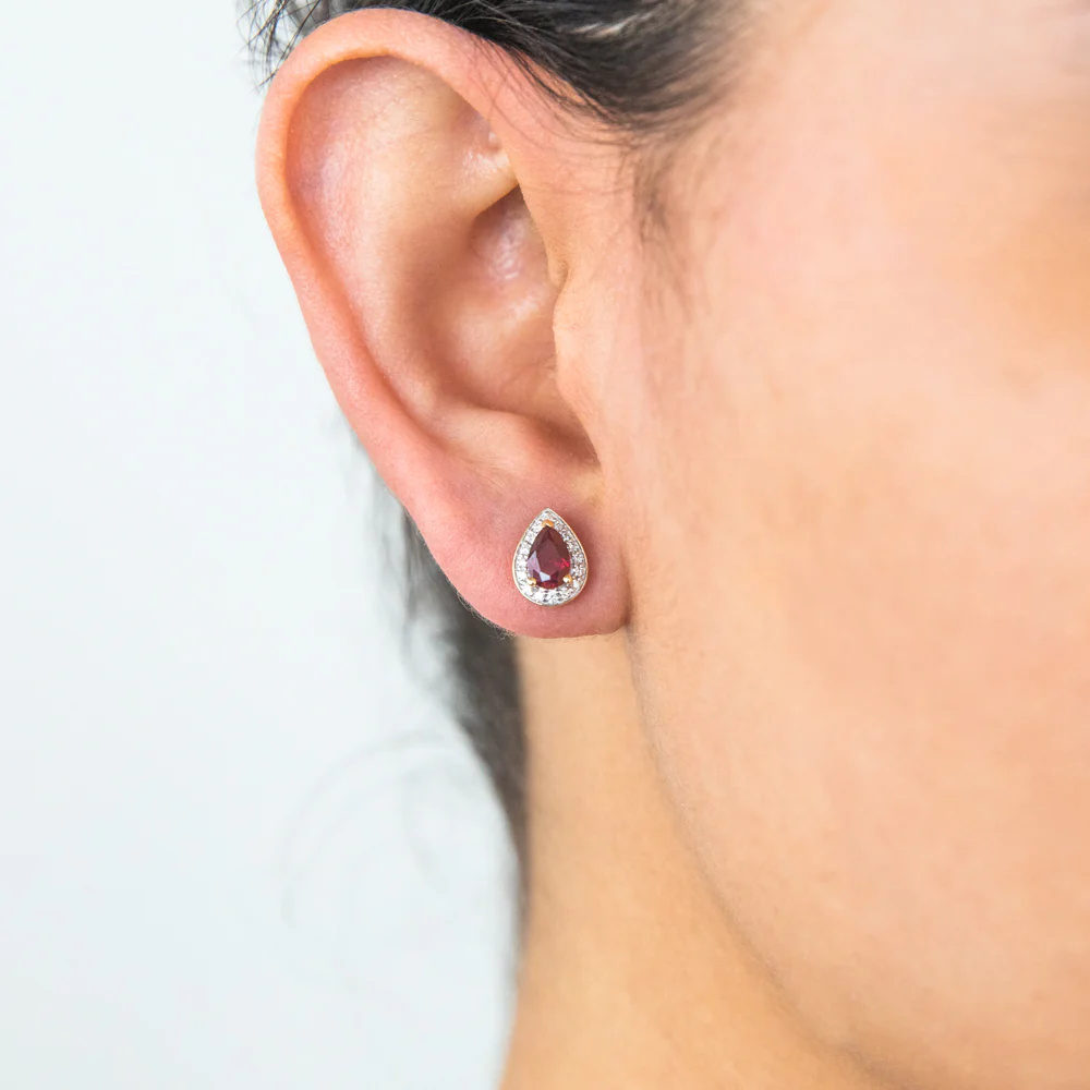 9ct Yellow Gold Created Ruby and Diamond Pear Halo Stud Earrings - Image 2