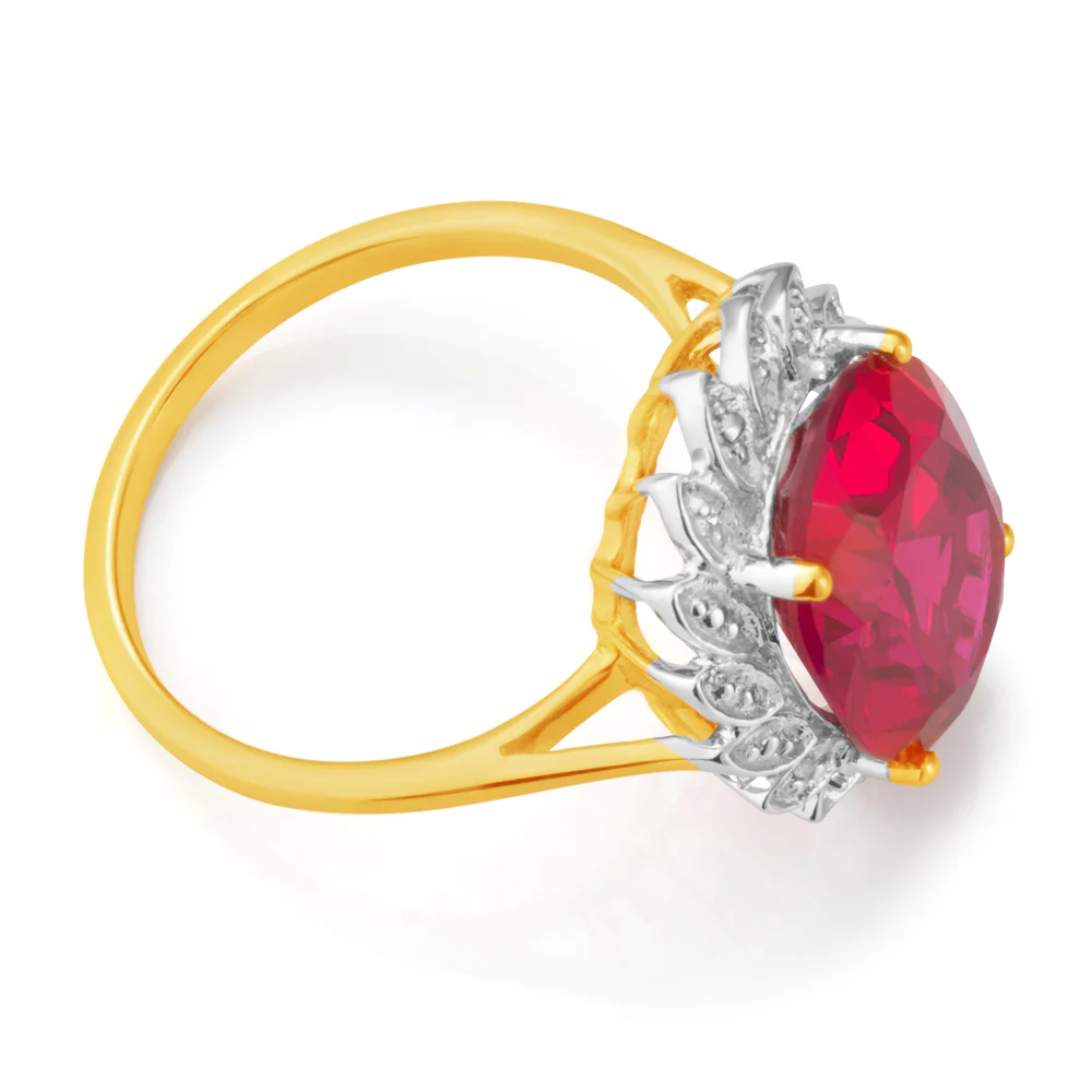 9ct Yellow Gold Created Ruby and Diamond Ring - Image 2