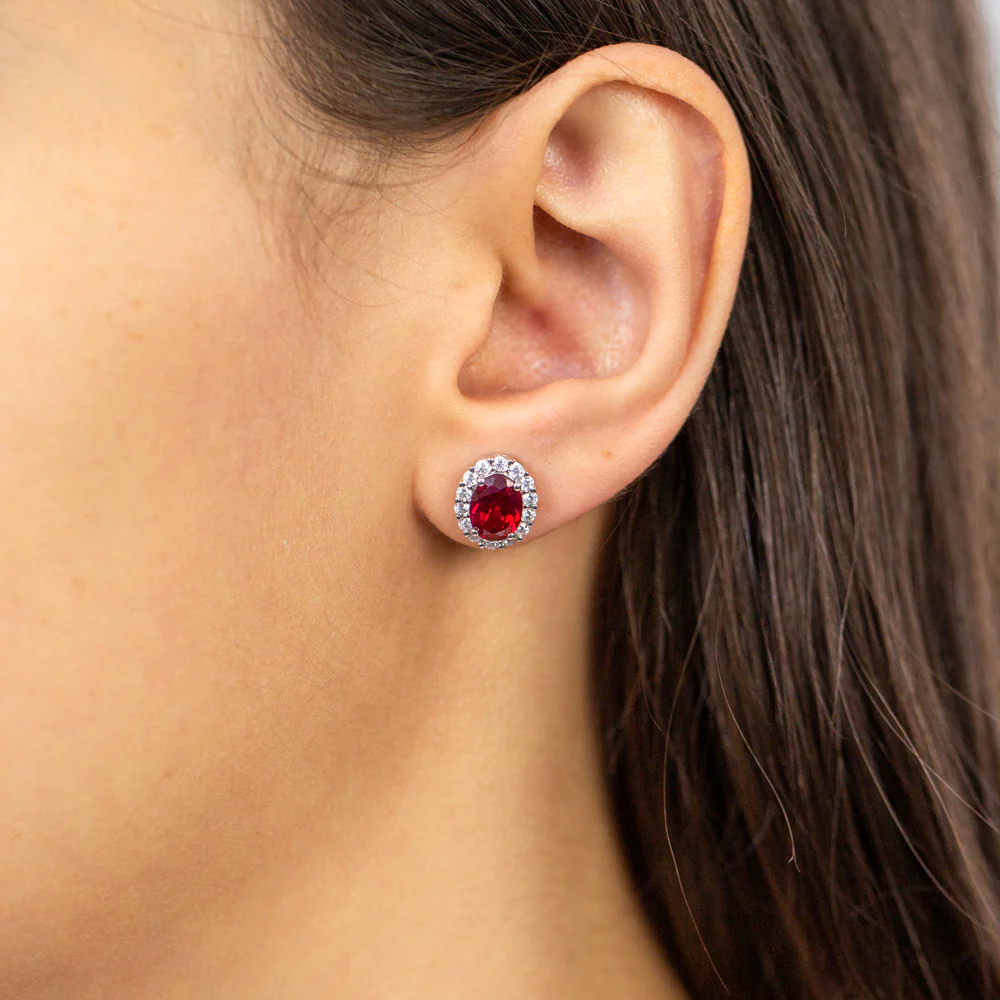 9ct Yellow Gold Created Ruby Oval + Cubic Zirconia Halo Stud Earrings - Image 2