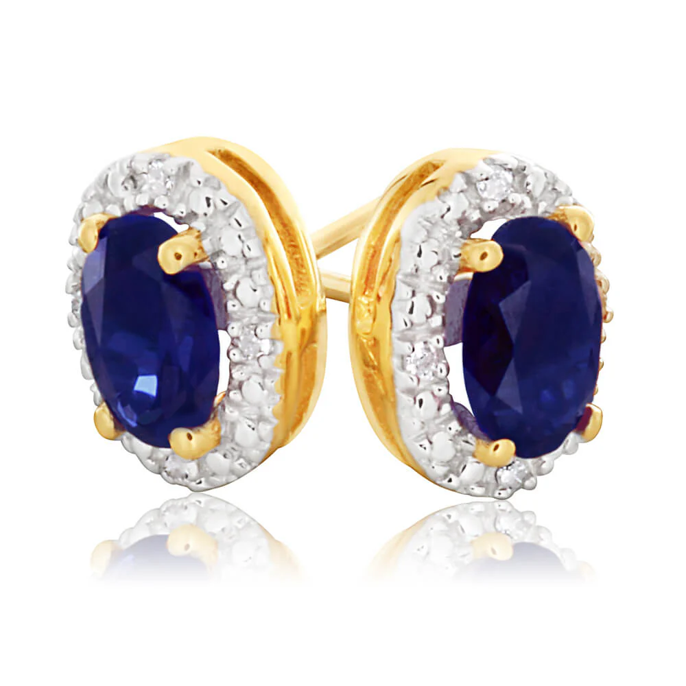 9ct Yellow Gold Created Sapphire 6x4mm + Diamond Stud Earrings - Image 2