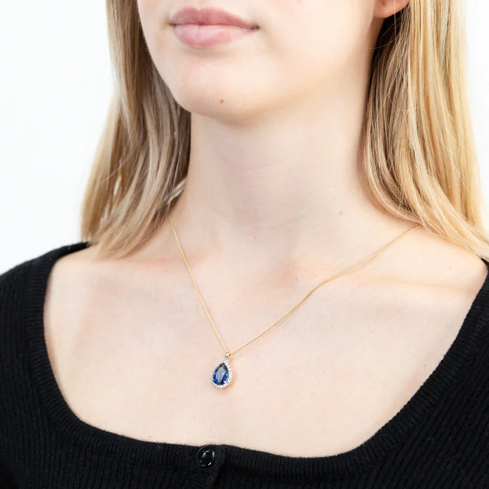 9ct Yellow Gold Created Sapphire and Cubic Zirconia Pendant - Image 3
